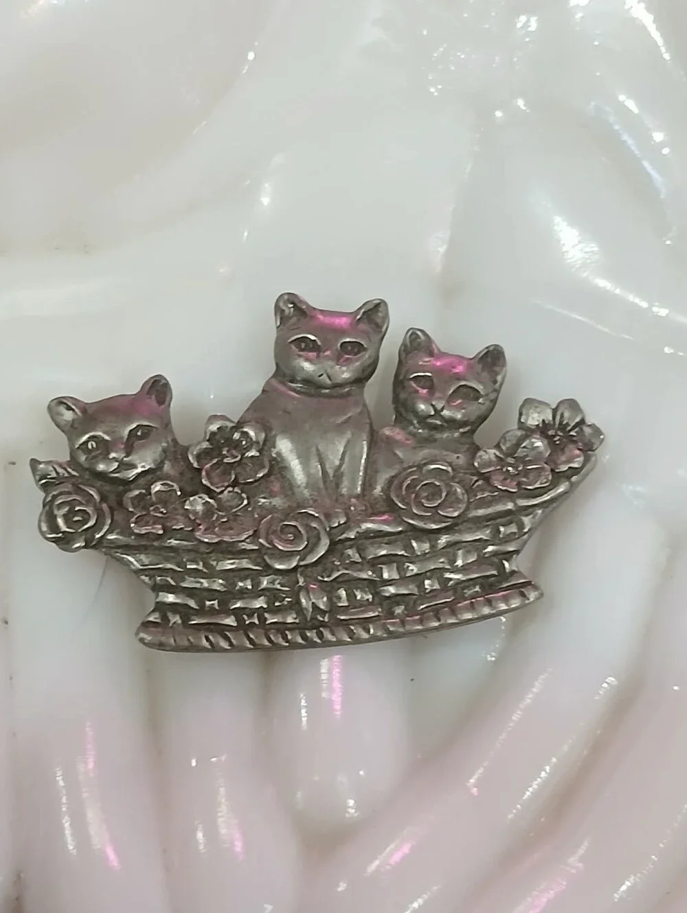 Vintage sterling Three Cats in a Basket Brooch